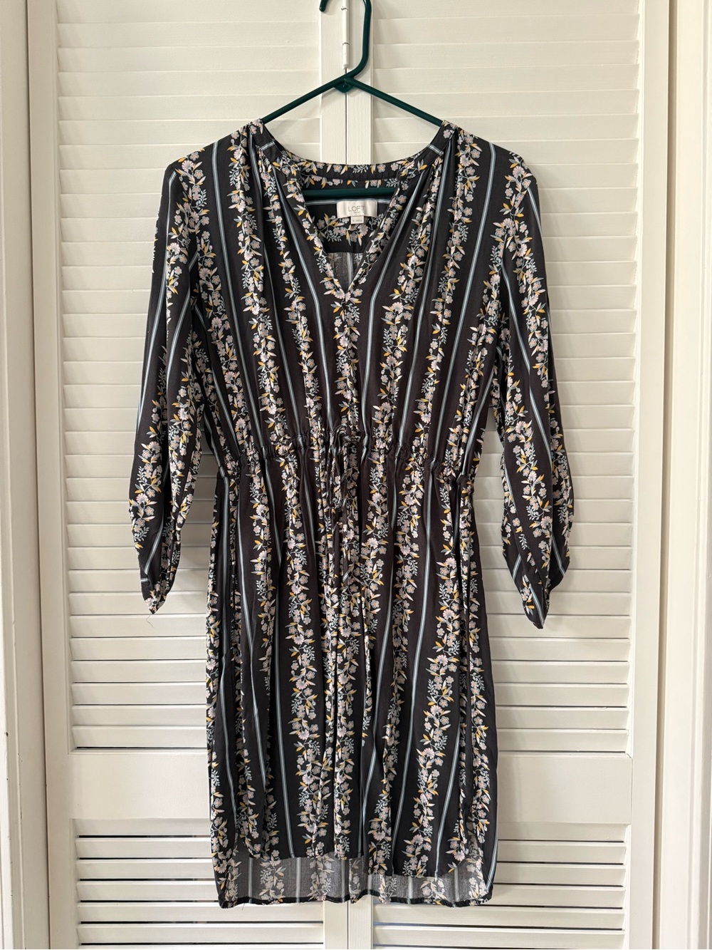 LOFT Black Floral-Striped V-Neck Drawstring Dress